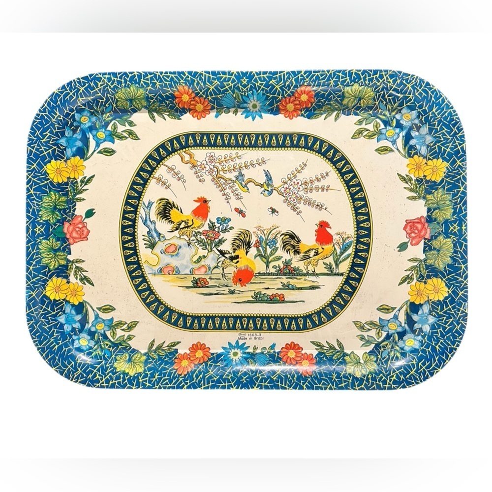 Vintage Meister Metalware Serving Tray Roosters Bluebirds Hens Flowers Brazil
